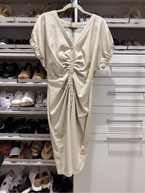 Gently worn Steve Madden Vegan Leather Cream Ruched Button-Front Midi Dress